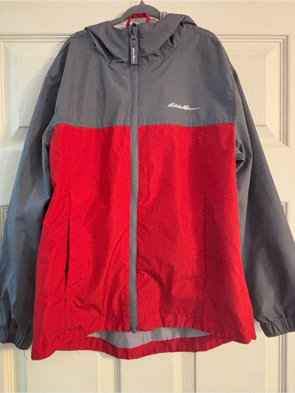 Eddie Bauer Kids Hooded Two-Tone Red and Gray Rain Jacket